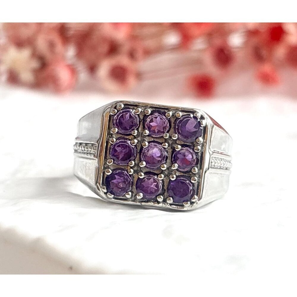Faux Amethyst Gemstone Unisex Silver Toned Costume Jewelry Vintage Ring - sz 10